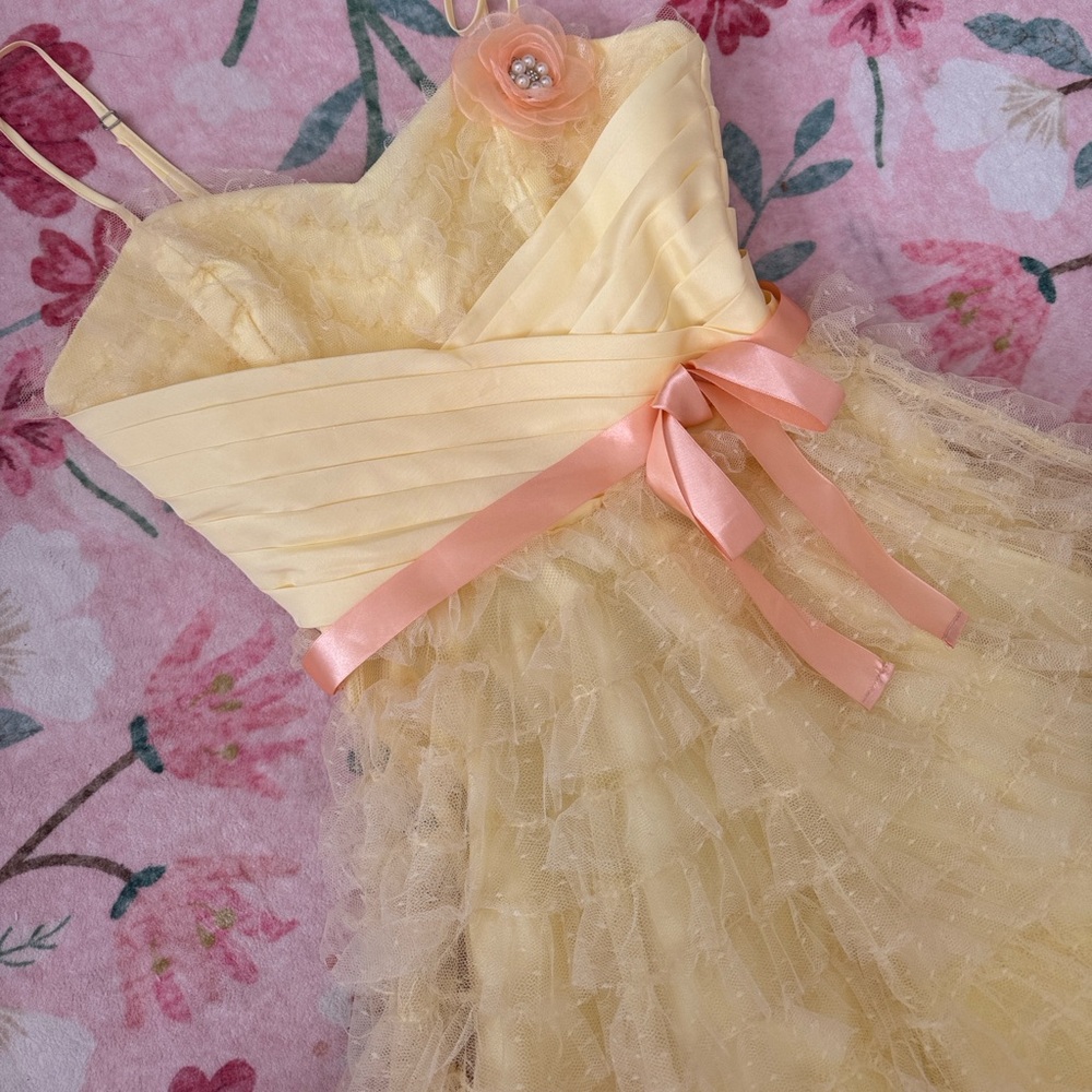 Unique Vintage Yellow Ruffled Tulle Cupcake Dress with Peach Pink Sash - Picture 4 of 6
